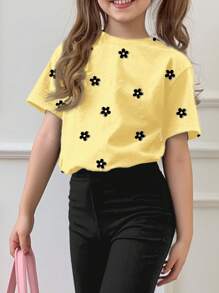 SHEIN Leap Crew 青少年女孩休闲简约短袖上衣和裤子两件套，适合夏季 - 彩色 - 查看 3
