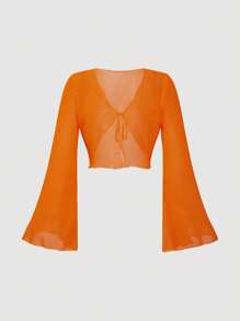 SHEIN MOD Women's Solid V-Neck Tie Flare Sleeve Versatile Blouse - Orange - View 2