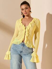 SHEIN BAE Apricot Lace Blouse With Ruffle Trim & Tie Neck, Sexy Minimalist Design, Versatile For Spring, Summer, Date, Party, Wedding, Work And Daily Wear - Yellow - View 4
