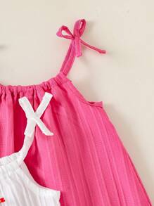 SHEIN 3 件套夏季女童连衣裙，蝴蝶结肩带纯色和条纹连衣裙套装，适合日常休闲穿着，女童专属连衣裙 - 彩色 - 查看 5