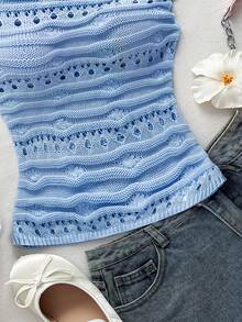 Soleia Women's Ivory Shoulder Cut-Out Fitted Knitted Top, Suitable For Party, Fashion Casual, Dating, Valentine's Day, Afternoon Tea Blue Knit Top Summer Knit Top Women Summer Top Light Blue Summer Top Cute Summer Top