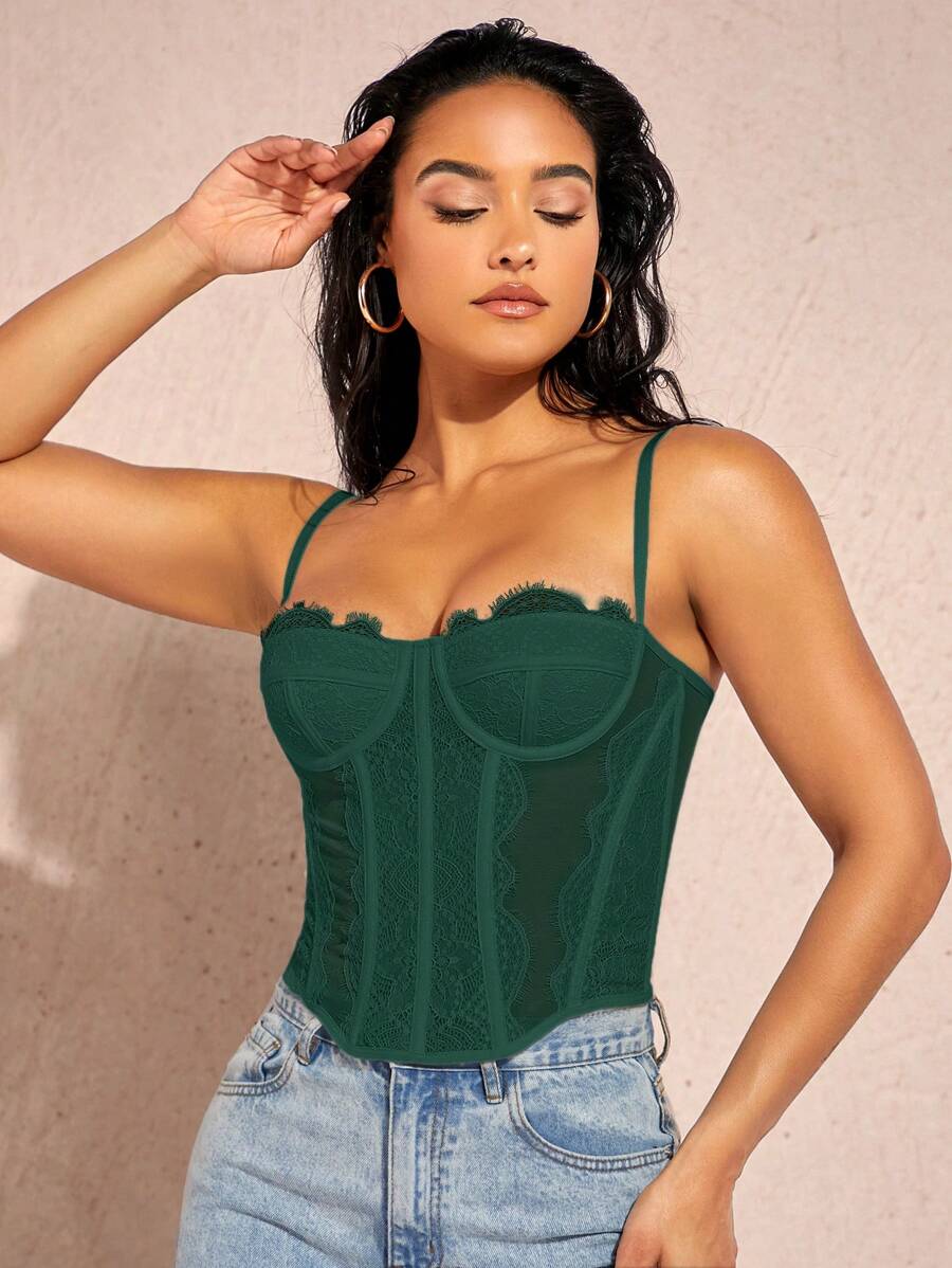 Silquee Ladies' Slim Fit Lace Contrast Mesh Camisole Top,Fall/Autumn