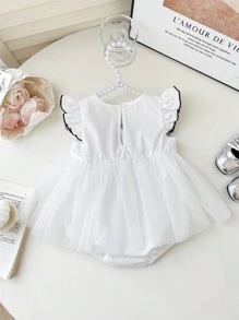Newborn Baby Girl Cute Summer Versatile Knit Mesh Patchwork Bow Decor Cap Sleeve Bodysuit