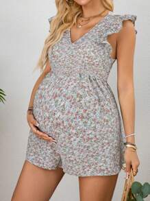 SHEIN Pregnant Women's Ditsy Floral Tie Back Ruffle Hem Rompers - Green - View 2