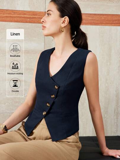 Uhlyne Casual Commuter Linen Sleeveless V-Neck Oblique Front Closure Fitted Women Thin Jacket