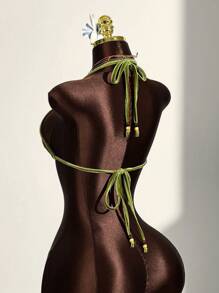 Amplova Conjunto de verano para mujer, estilo vacaciones, top halter triangular bordado con cuentas y decoración de cuentas, estilo bohemio de vacaciones - Verde - Ver 2