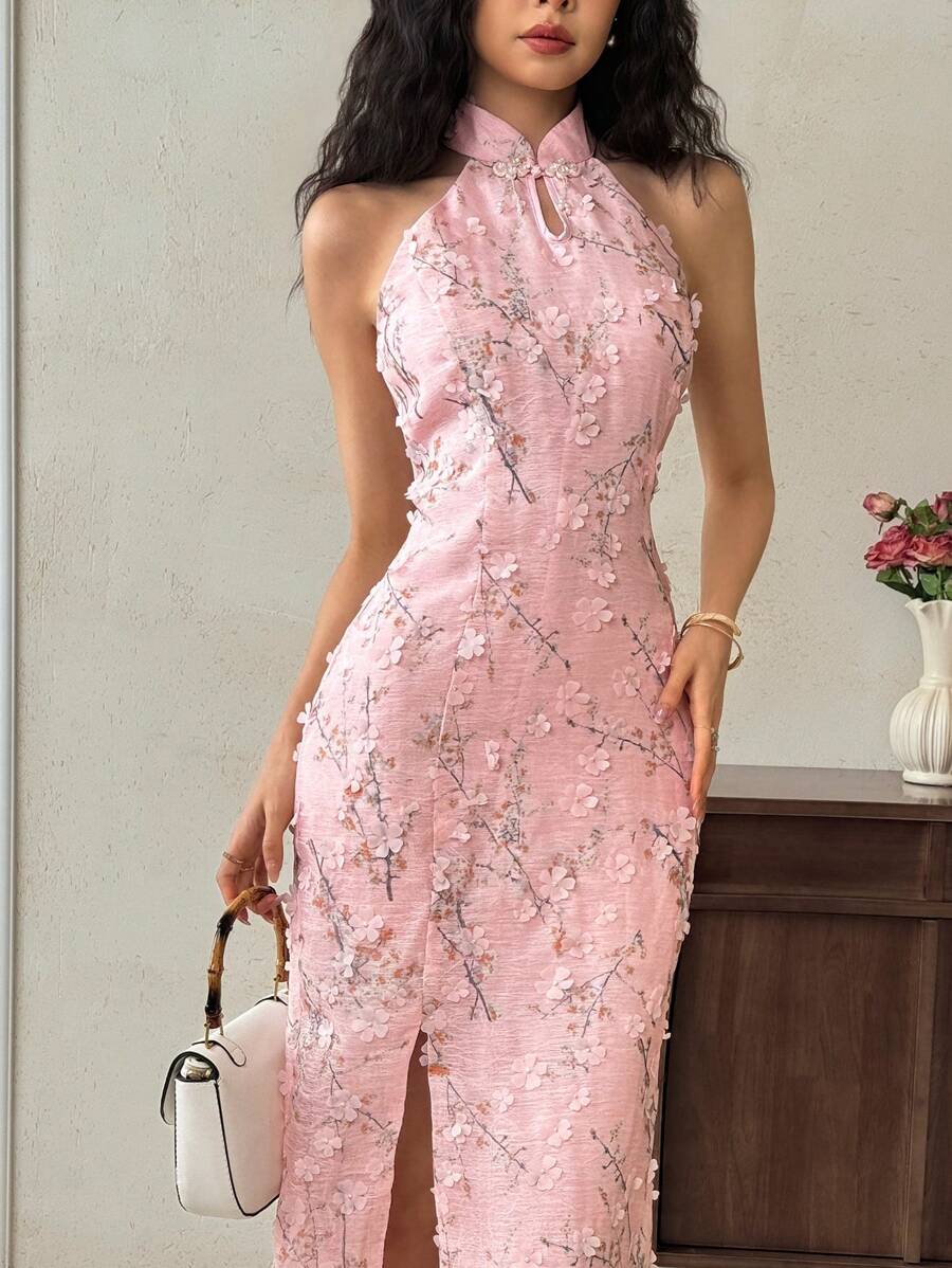 EastFlair Vestido largo de verano de mujer con estilo elegante chino, estampado floral 3D y cuello halter