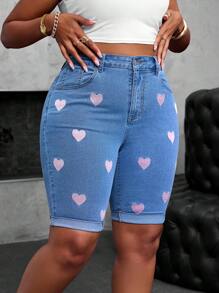 SHEIN SXY Autumn Women Plus Size Shorts With Heart Embroider  Autumn Outfits For Women Festival Outfits Biker Shorts  Elegant  Cacual Love Embroidery  Biker Shorts - Blue - View 5