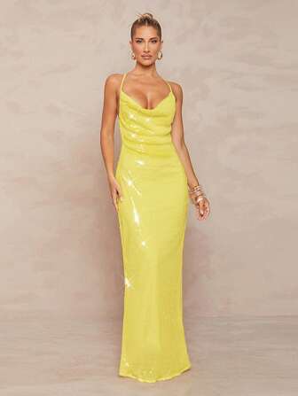 SHEIN x Lina Lumalex Spring Outing Fairy Maiden Summer Swimsuit Swimwear Swim Vacation Elegant Easter Bohemian BOHO Sea Beach Hot Outdoor Richly Layered Wedding Season Banquet Coming Of Age Ceremony Beach Seaside Women's Satin Asymmetrical Sequin Draped Neck Cross Back Metal Chain Decor Fishtail Maxi Bodycon Dress For Women Summer Dresses For Women