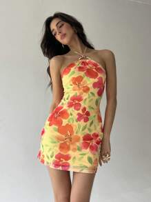 Aloruh Women's Beach Floral Print Ring Decor Halter Backless Mini Dress - Multicolor - View 3