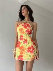 Aloruh Women's Beach Floral Print Ring Decor Halter Backless Mini Dress - Multicolor - View 5