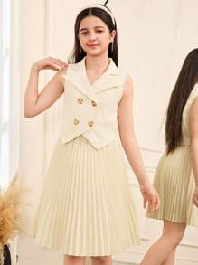 SHEIN Conjunto de 2 piezas para niñas preadolescentes con chaleco corto abotonado informal elegante de moda de calle y falda plisada - Beis - Ver 3