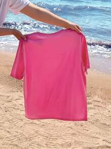 Veykashi USA NEW YORK Minimalist English Text Graphic Round Neck Short Sleeve Slim Fit Plus Size Women T-Shirt, Suitable For Summer Suitable For Going Out - Hot Pink - View 3