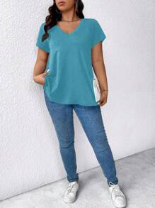 SHEIN LUNE CURVE 大码女式宽松V领T恤新年服装 - 藍色 - 查看 5