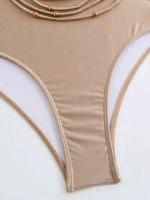 Swim Chiccia Springbreak 圆领露背纯色二合一镂空金属珠装饰流苏女式连体泳衣，节日波西米亚风 - 香檳色 - 查看 4