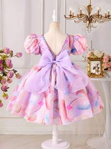女童碎花印花V领镂空装饰大蝴蝶结泡泡A字公主裙，适合生日派对、节日、婚礼、表演等场合