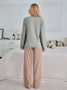 EURMUSE 100% Cotton 2Pcs Eye&Heart Printed PJ Set - Light Grey - View 2