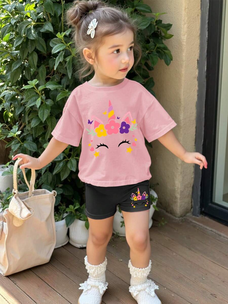 SHEIN Leap Crew Baby Girl Casual Simple Short Sleeve 2 Pieces Set, Suitable For Spring/Summer - Multicolor - View 1