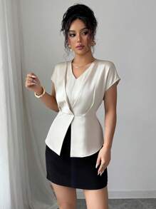 Elenzga French Style V-Neck Satin Short Sleeve Fitted Blouse, Apricot Color, Summer - Apricot - View 4