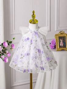 Baby Girl Sweet 3D Embroidery Mesh Ruffle Cap Sleeve Princess Dress - Mauve Purple - View 3