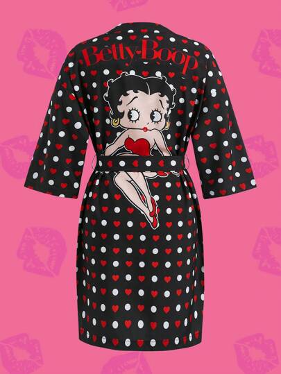 Betty Boop x SHEIN Summer Polka Dot & Heart Print Three-Quarter Sleeve Casual Sexy And Cute Style Belted Robe, Fall & Winter