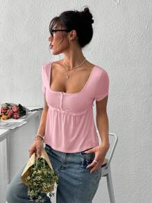 SHEIN EZwear 夏季简约纯色针织方领纽扣T恤 - 粉色 - 查看 5