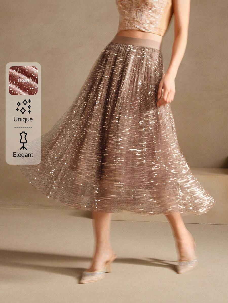 Anewsta Chân váy xếp ly dài cạp cao đính sequin kim loại thanh lịch, hiện đại cho lễ hội/đi chơi - Rỉ Nâu - Xem 1