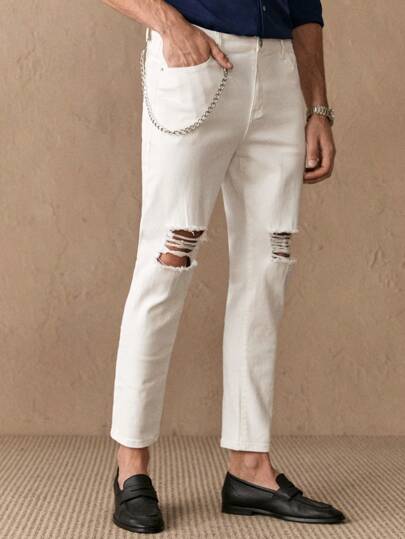 GENTILAND Calça jeans branca rasgada masculina com corrente, estilo moderno