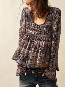 Bohemela Easter Musical Festival BOHO Woven Printed Flare Long Sleeve Loose Women Shirt - Black - View 2