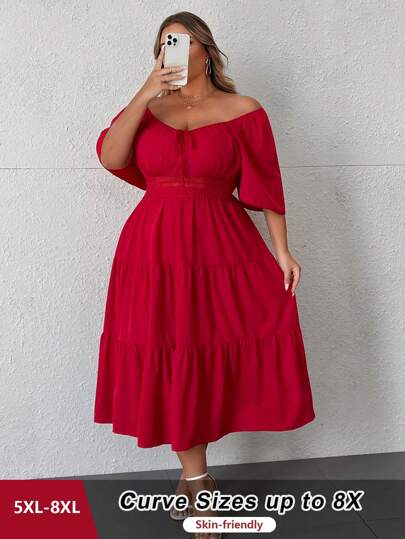 SHEIN CURVE+ Extra Plus Size Sweetheart Neck Ruffled Sleeve Dress For New Year Clothes Maxi Women Outfit