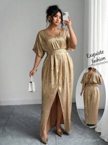 Elenzga 大码女式优雅纯色V领夏季金色连衣裙，腰部收紧，随机花卉印花，侧开衩，短袖，欧美风格 - 金色 - 查看 7