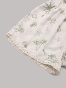 Sweetra Women Palm Tree Print Bohemian Tassel Drawstring Shorts - White - View 3