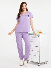 Scrubzie V-Neck Solid Color Scrub Uniform Set, Fashionable For Summer - Purple - View 7