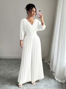 Rafferiza Women's Solid Color Crossed V-Neck 3/4 Sleeve Ruffle Wide Leg Elegant Jumpsuit