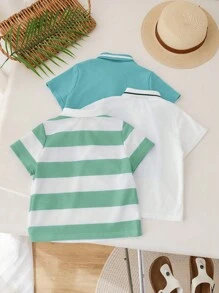 SHEIN 3 件套年轻男孩休闲运动学院风图案圆领短袖 Polo 衫套装，适合日常穿着、上学、户外活动、春夏季节 - 薄荷綠 - 查看 2