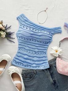 Soleia Women's Ivory Shoulder Cut-Out Fitted Knitted Top, Suitable For Party, Fashion Casual, Dating, Valentine's Day, Afternoon Tea Blue Knit Top Summer Knit Top Women Summer Top Light Blue Summer Top Cute Summer Top