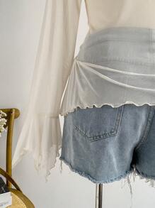 Soleia Plus Size Women Spring Vacation V-Neck Floral Print Net Fabric Bowknot Asymmetric Ruffle Hem Long Sleeve Blouse