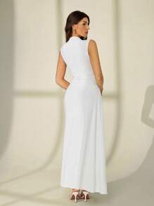 SHEIN Tall Valentine's Day New White Stand Collar Sleeveless Ruched A-Line Maxi Dress, Elegant Romantic Date & Work Outfit,Summer Dresses For Women,Tea Party Dress,White Graduation Dress,Business Casual Woman - White - View 2