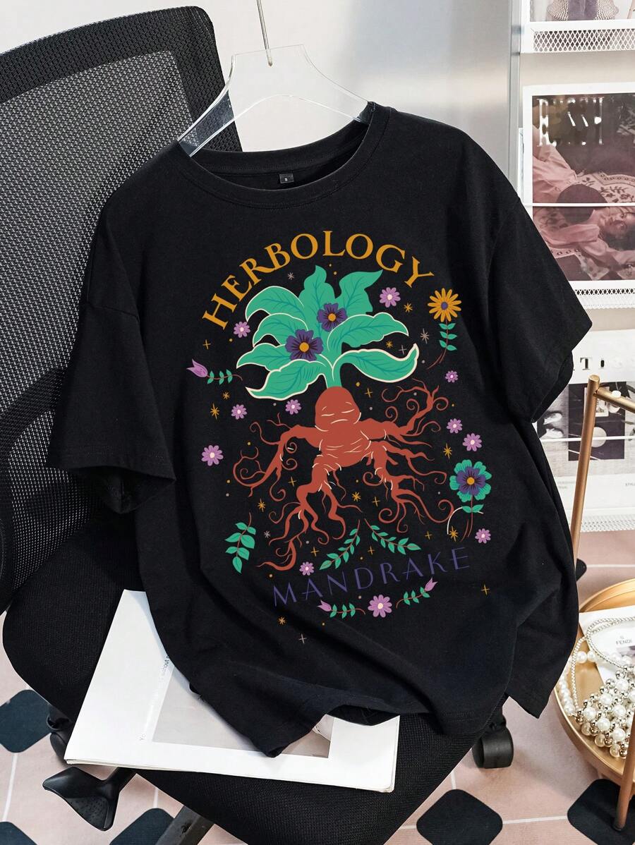 HARRY POTTER X SHEIN Women's Black Round Neck Short Sleeve Loose Mandrake Letter Graphic T-Shirt, Casual Summer Comfort - Black - View 1