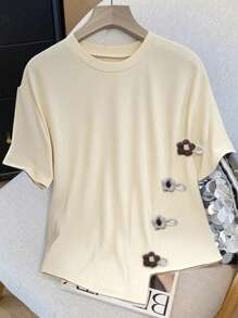 Chiquease Women's Casual Loose Textured Corn Checkered Short Sleeve With 3D Flower Decoration - Apricot - View 3