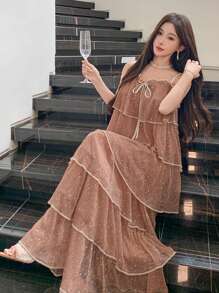 DAZY Women's Multi-Layered Contrast Color Ruffle Hem Bow Patchwork A-Line Maxi Casual Dress, Suitable For Holiday, Beach, Music Festival, Graduation Ceremony