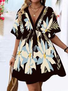 Breezaya Vestido de verano casual con cuello en V, cintura ceñida y mangas, con estampado floral vintage