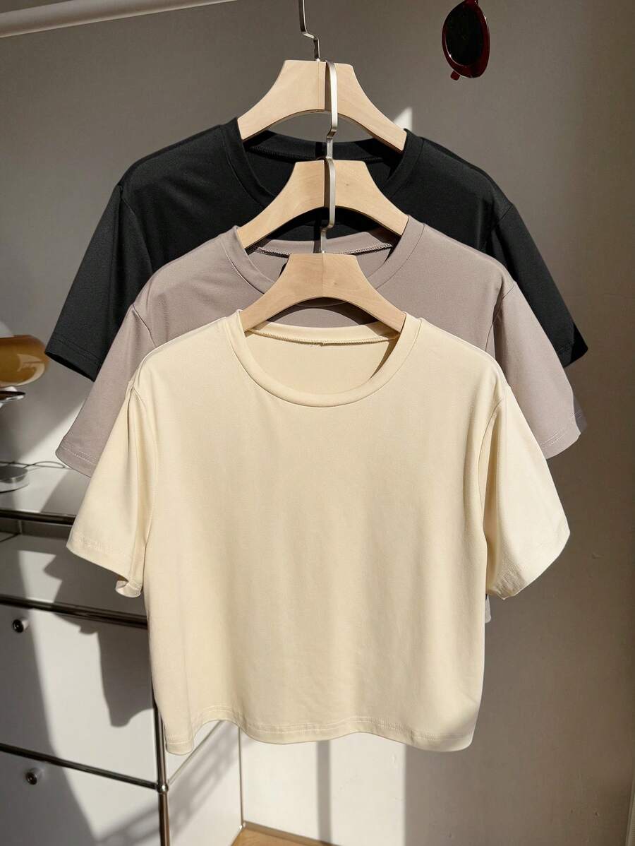 Comfortcana 3pcs/Pack Plus Size Basic Round Neck Colorful Short Sleeve T-Shirts, Casual Tops - Multicolor - View 1