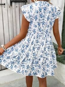 SHEIN PETITE Váy ngắn thanh lịch in họa tiết cổ chữ V sâu cho nữ - Xanh và trắng - Xem 2