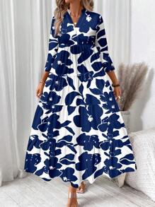 SHEIN LUNE Women's V-Neck Ruched Long Sleeve Dress, Suitable For Autumn,Bohemian Clothes Boho Chic Dress - Multicolor - View 2