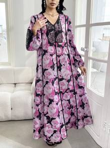 SHEIN Najma Lace Patchwork Floral Print Modest & Romantic Style Arabian Dress - Pink - View 5