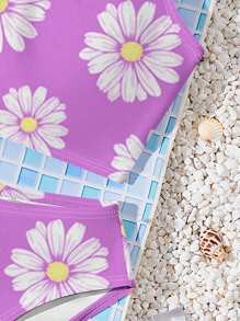 SHEIN Tween Girls' Casual Cute Daisy Print, Beach Holiday Style, Triangle Top With Strappy Back Bikini Set, Suitable For Summer - Purple - View 4