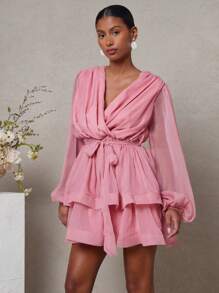 L'Amorae Váy ngắn mùa hè xếp tầng tay bồng cổ chữ V thanh lịch buộc phía trước cho nữ, trang phục mùa hè cho nữ, trang phục đi nghỉ cho nữ, trang phục sinh nhật - Hồng - Xem 3