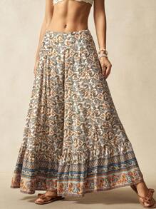 Bohemela Bohemian Style Woven Printed High Waist Flare Wide Leg Pants, Suitable For Countryside Holiday
