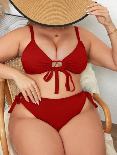 Swim Vcay Conjunto de traje de baño de talla grande con tirantes ajustables, para vacaciones y tiempo libre con efecto realzador en la parte delantera